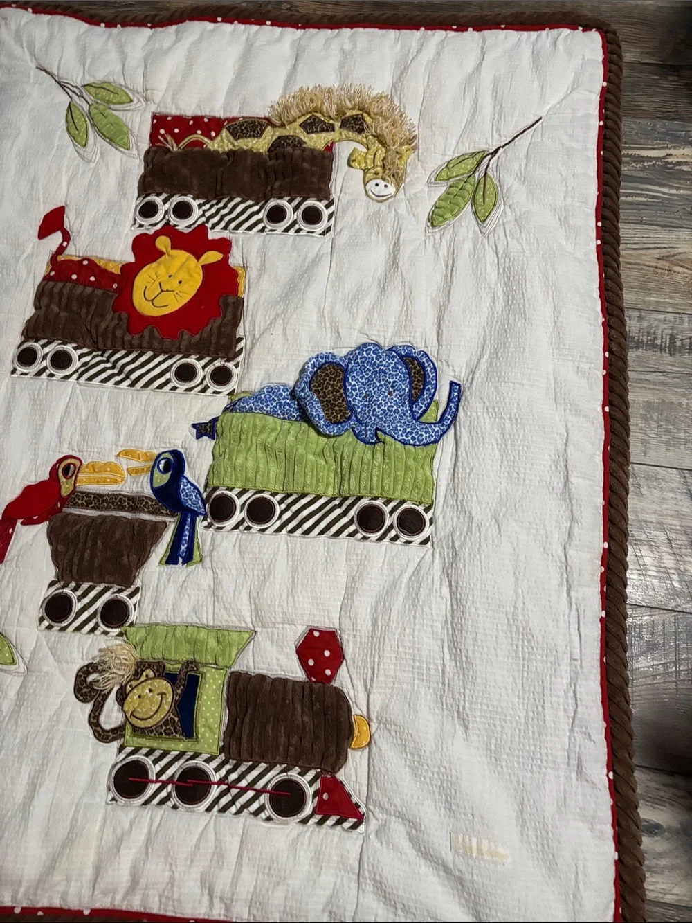 Neutral Cotton Baby Quilt in White and Brown with Red Accent #007